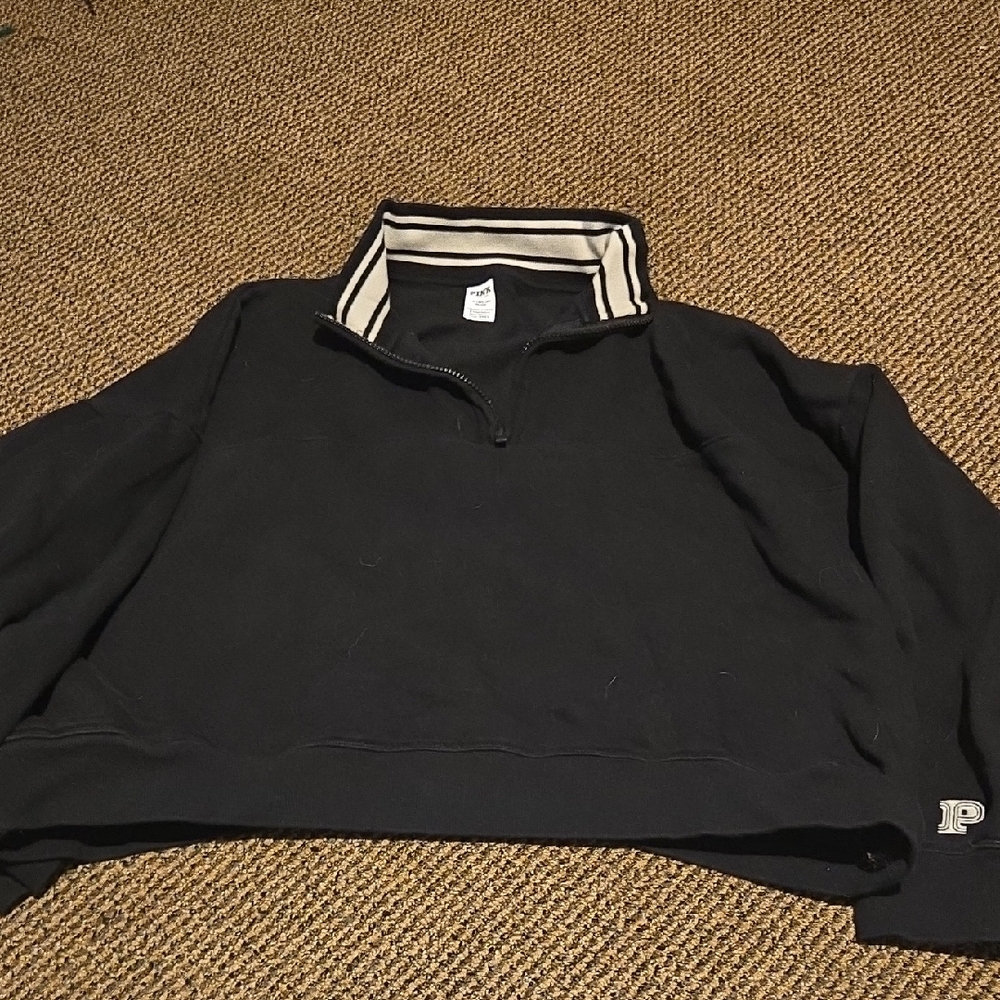PINK Victoria's Secret Black Quarter Zip-Up Sweater with Striped Collar Plus